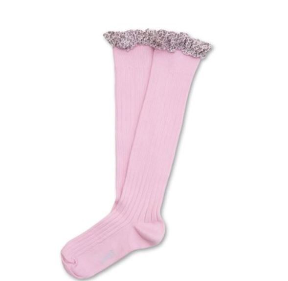 COLLEGIEN 豹紋愛心荷葉邊羅紋及膝襪 Chantal-Rose Dragée玫瑰糖粉