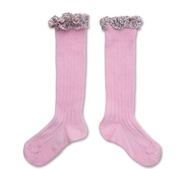 COLLEGIEN 豹紋愛心荷葉邊羅紋及膝襪 Chantal-Rose Dragée玫瑰糖粉