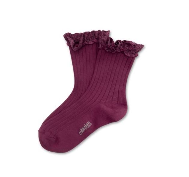 COLLEGIEN 豹紋愛心荷葉邊羅紋短襪 Léa-Raisin Rose葡萄玫瑰