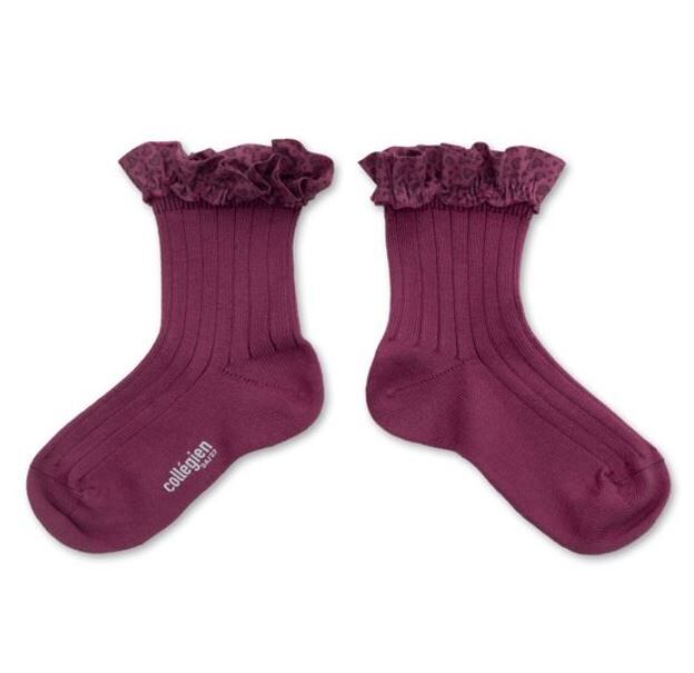 COLLEGIEN 豹紋愛心荷葉邊羅紋短襪 Léa-Raisin Rose葡萄玫瑰