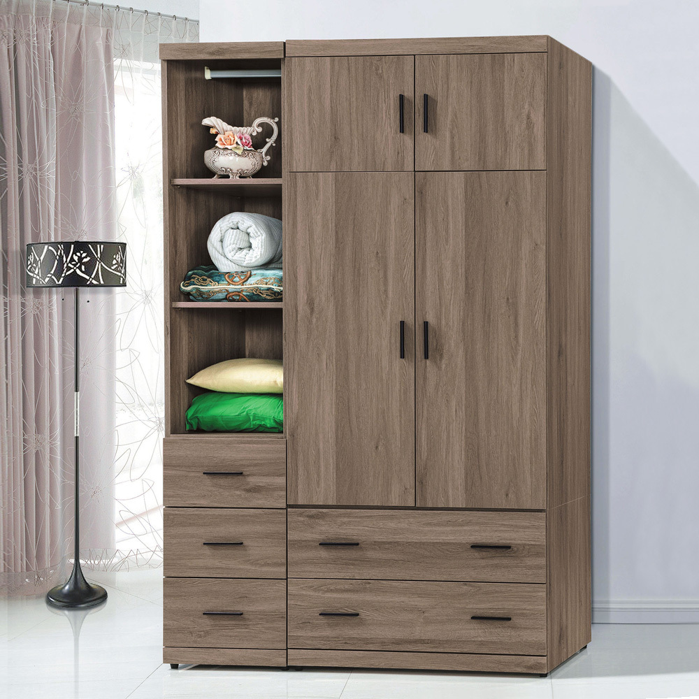 森恩4.1尺工業風四門五抽衣櫃/多功能收納衣櫃組合(灰橡色)