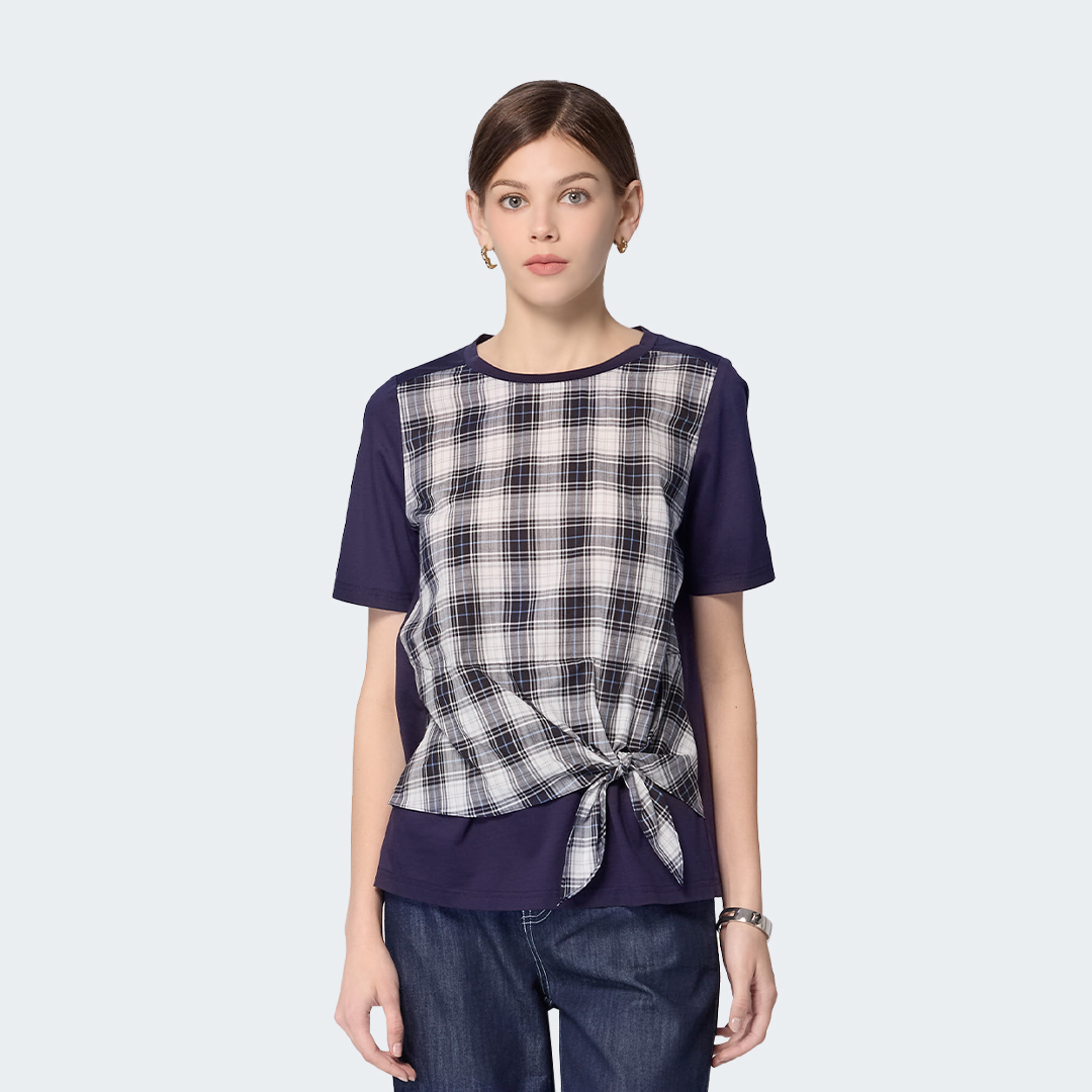 格紋綁結拼接棉質上衣