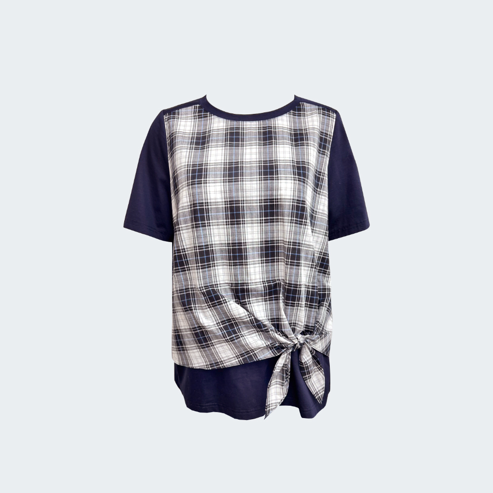 格紋綁結拼接棉質上衣