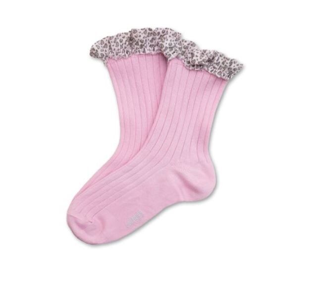 COLLEGIEN 豹紋愛心荷葉邊羅紋短襪 Léa-Rose Dragée玫瑰糖粉