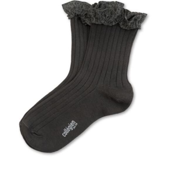 COLLEGIEN 豹紋愛心荷葉邊羅紋短襪 Léa-Gris Galet岩灰