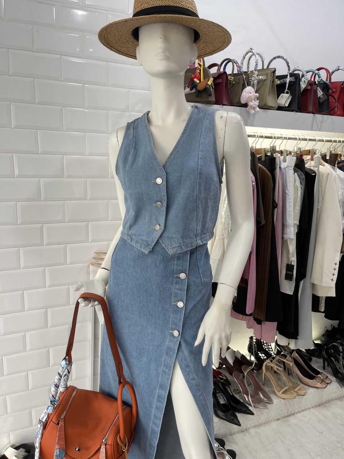 牛仔背心+開叉高腰裙(2件組)(黑/灰/藍)