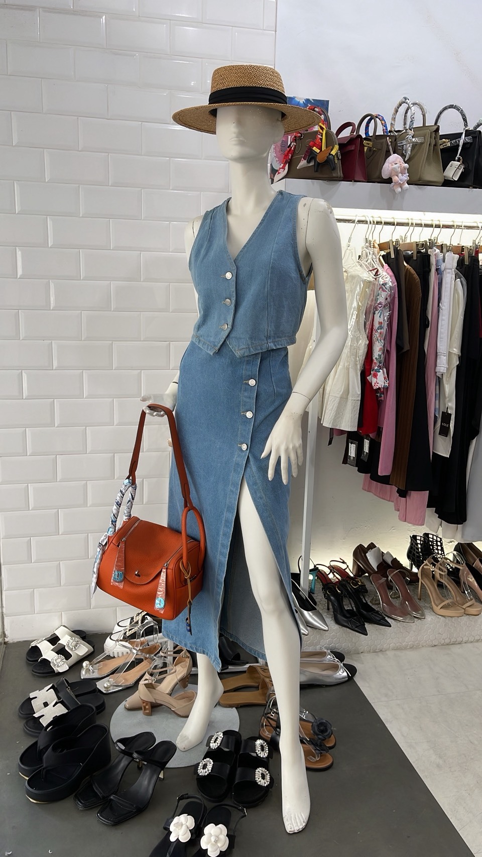 牛仔背心+開叉高腰裙(2件組)(黑/灰/藍)