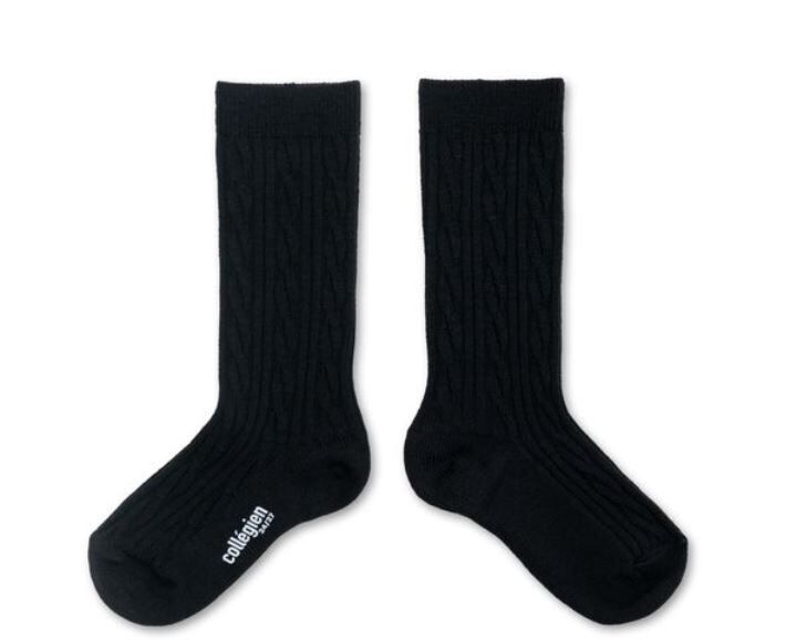 COLLEGIEN 針織麻花羊毛襪 Alix-Noir de Charbon黑