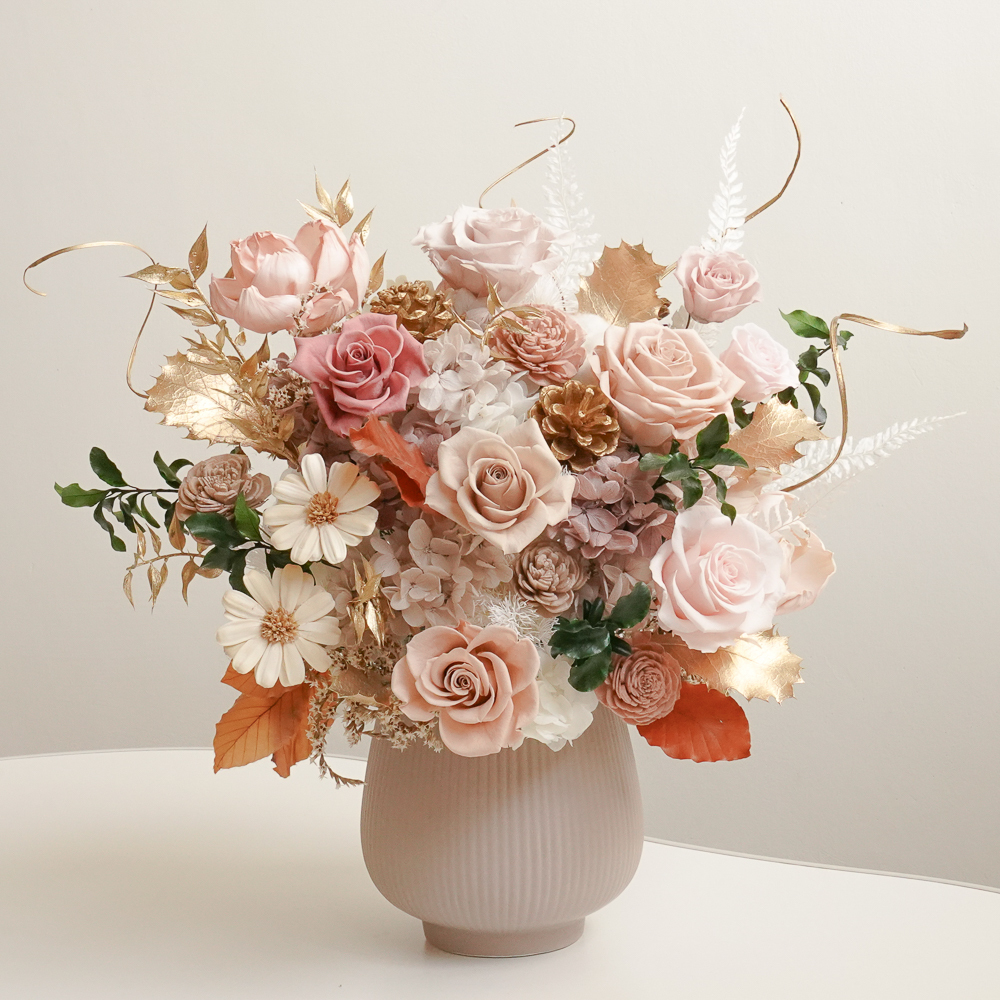 蒙娜麗莎的微笑,奶茶色永生花開幕盆栽,台北帶客送花推薦,奶茶色2