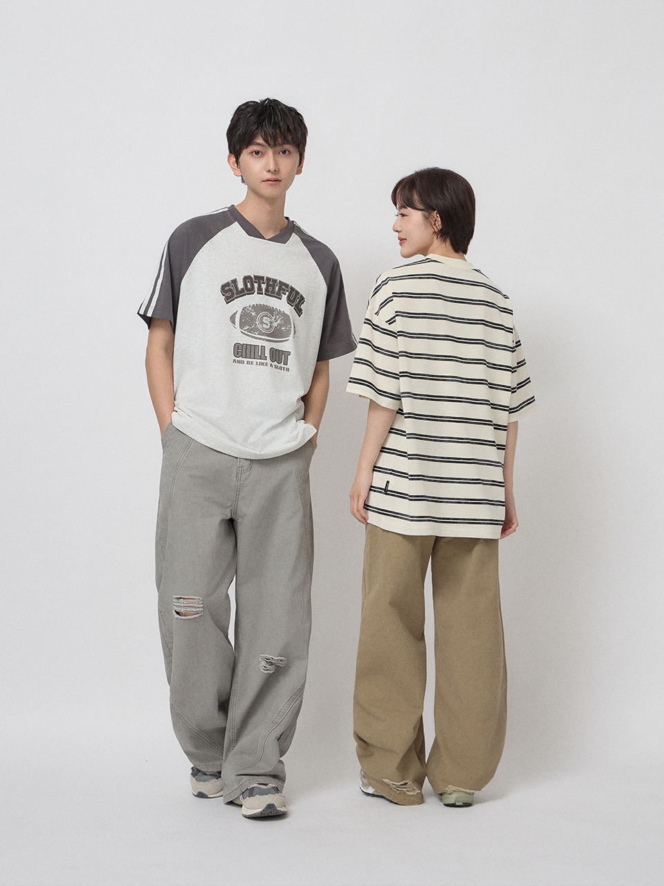 寬版弧線刷破牛仔褲