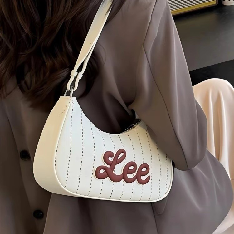Lee 復古 學院風 皮革 條紋 刺繡 肩背包 腋下包 單肩包