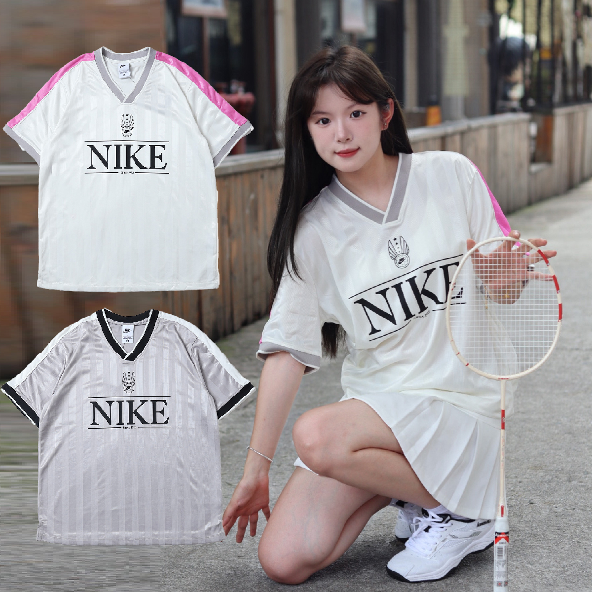 女款 NIKE NSW 白粉 灰 寬鬆 V領 球衣 足球 美式 運動 休閒 短T【IH8505】