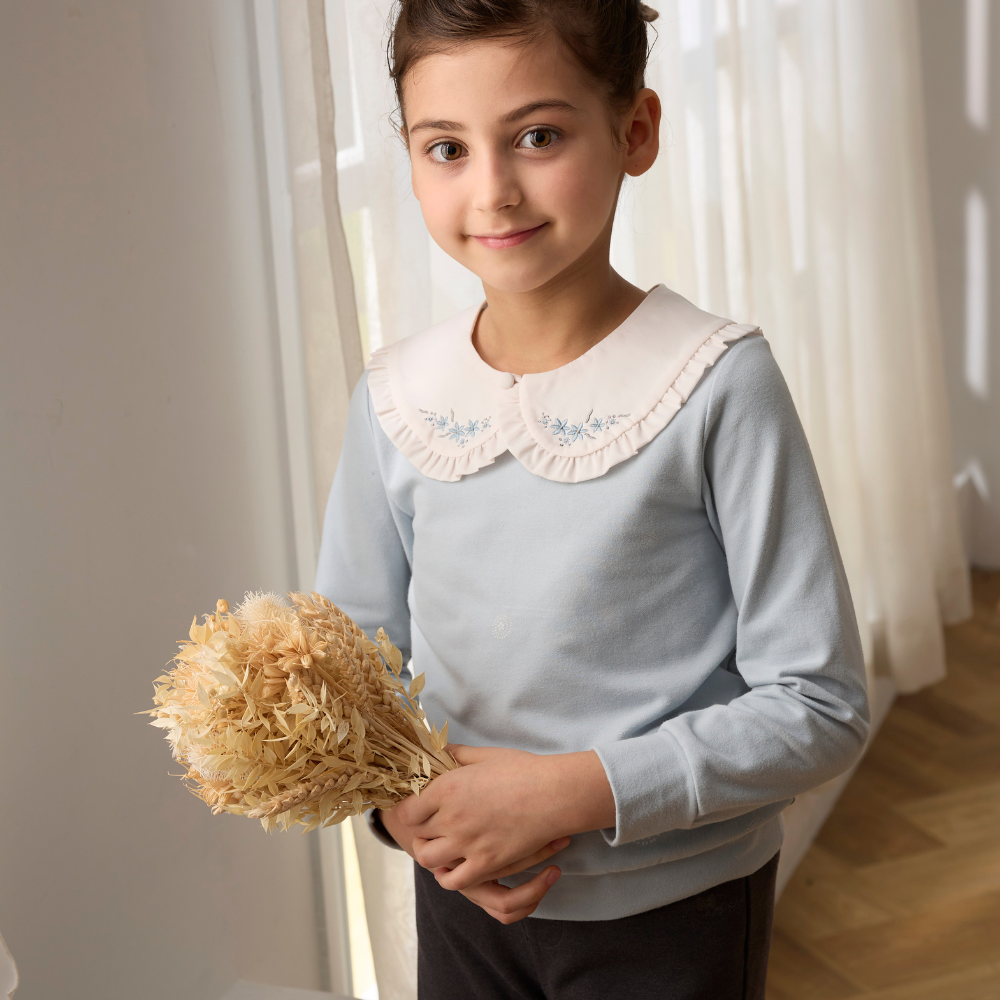 PIPPY浪漫小花刺繡大領片彈性棉長袖上衣 藍