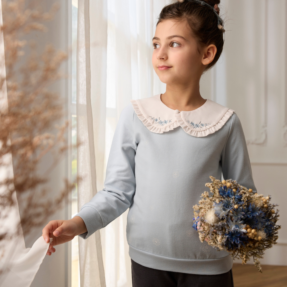 PIPPY浪漫小花刺繡大領片彈性棉長袖上衣 藍