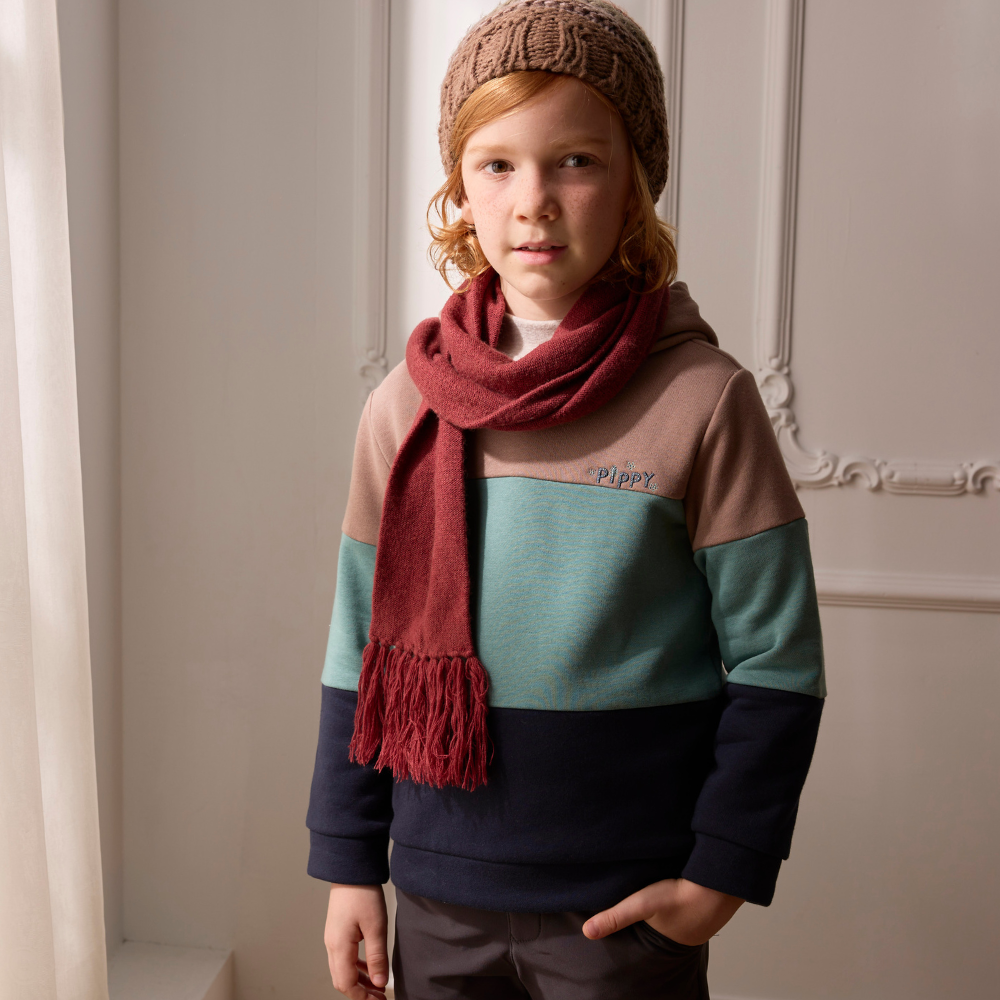 PIPPY 寬版橫條暖暖內刷毛連帽長袖上衣 藍