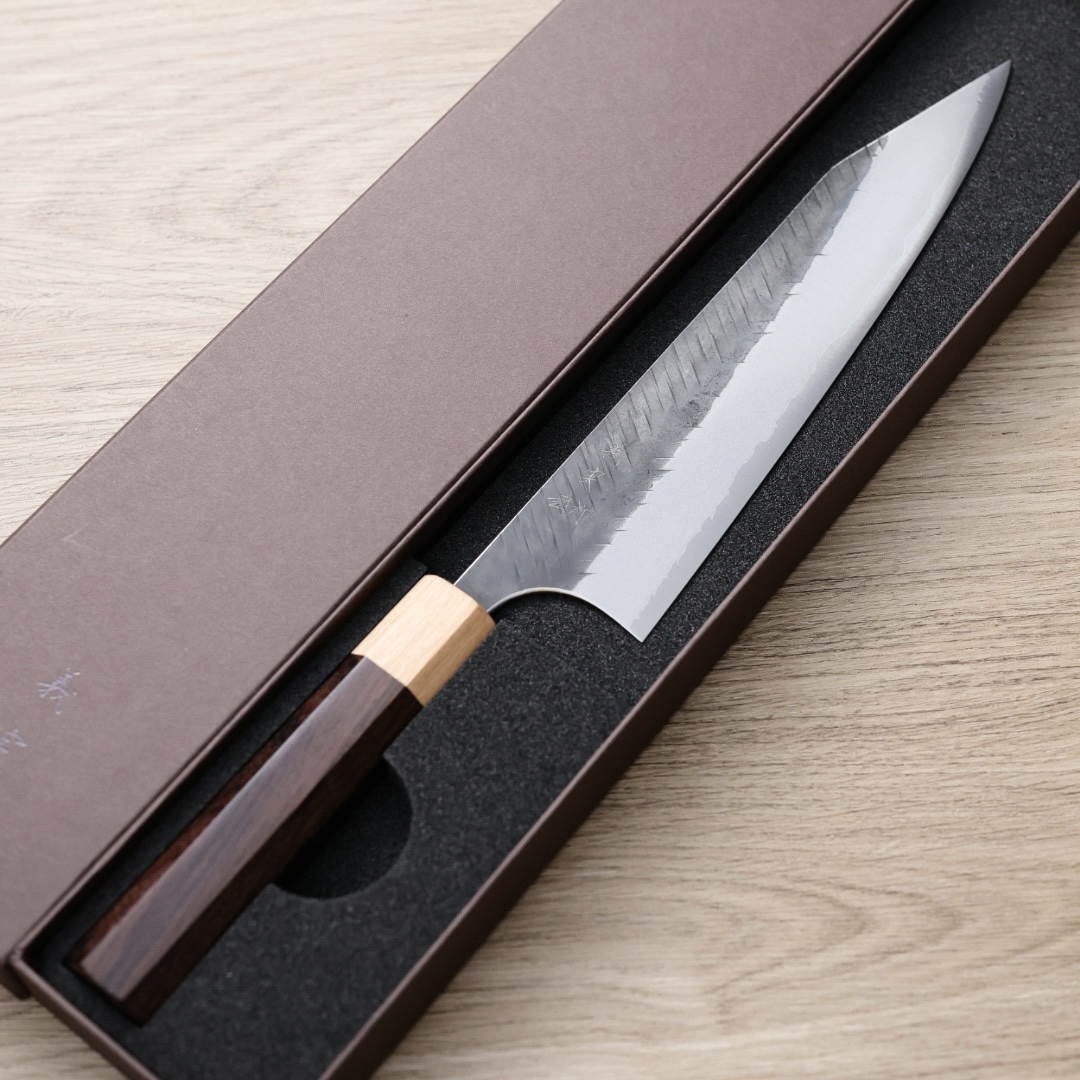 加藤義實 V鎚目 切付牛刀 210mm 青紙超級鋼 黑打