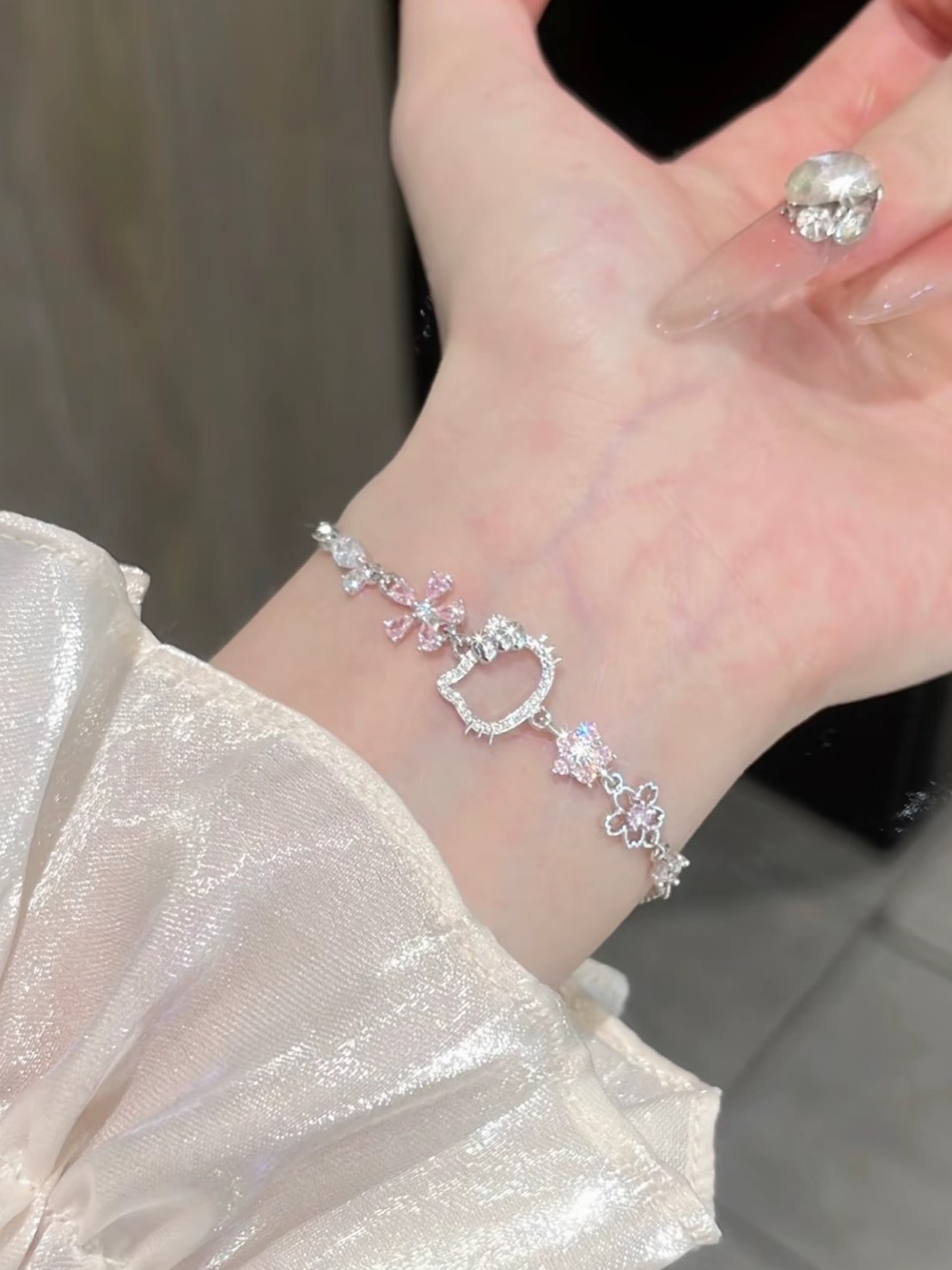 HELLO KITTY 粉色桃花緣 925純銀 鏤空 手鍊 鎖骨鏈