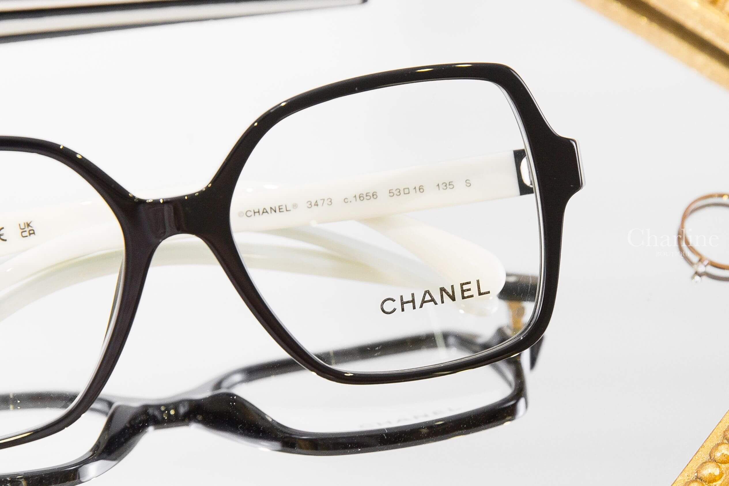 Chanel Square Eyeglasses 黑色方框側邊黑白拼色金色滾邊CC拼色鏡腳平光眼鏡