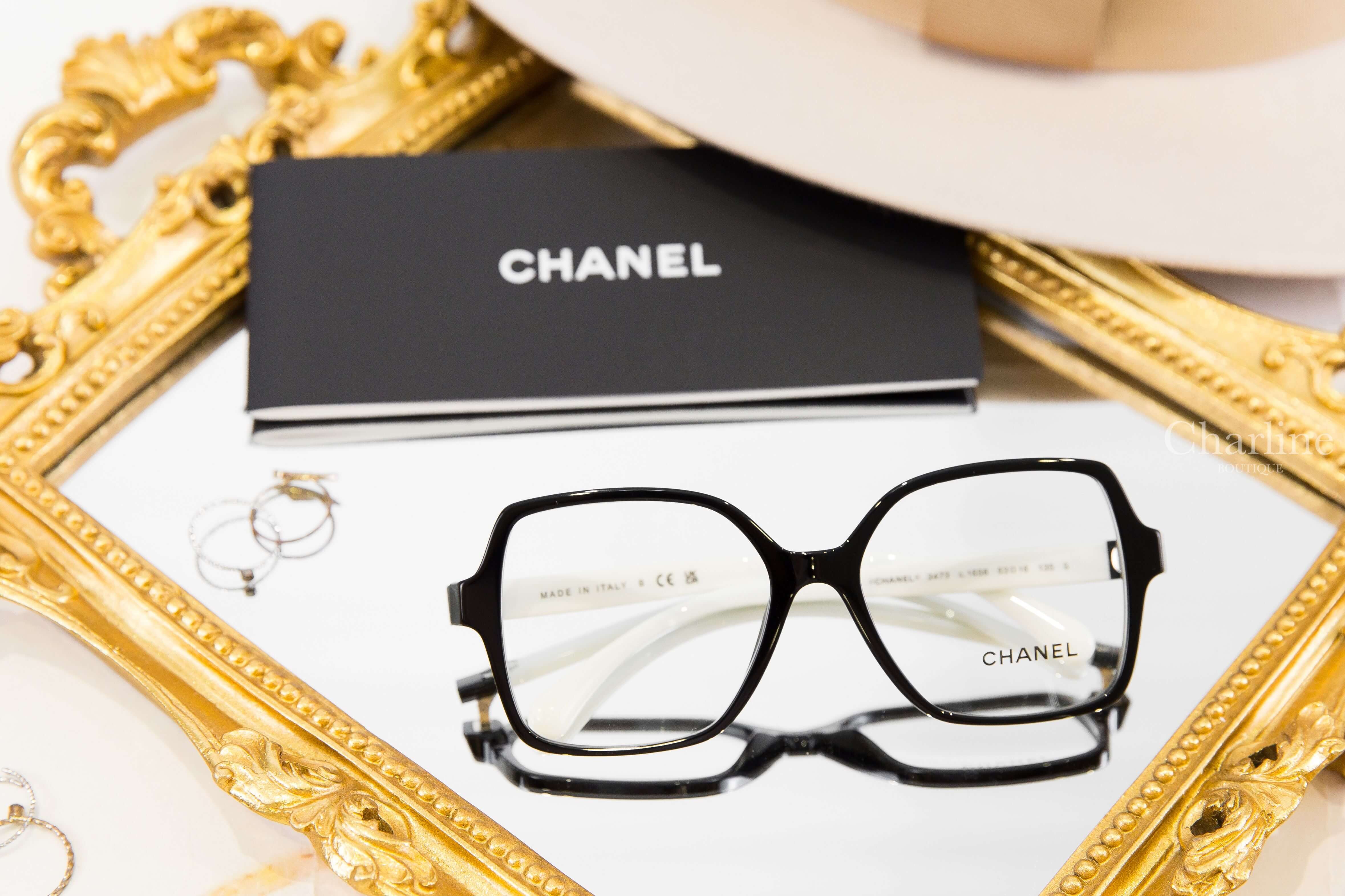 Chanel Square Eyeglasses 黑色方框側邊黑白拼色金色滾邊CC拼色鏡腳平光眼鏡