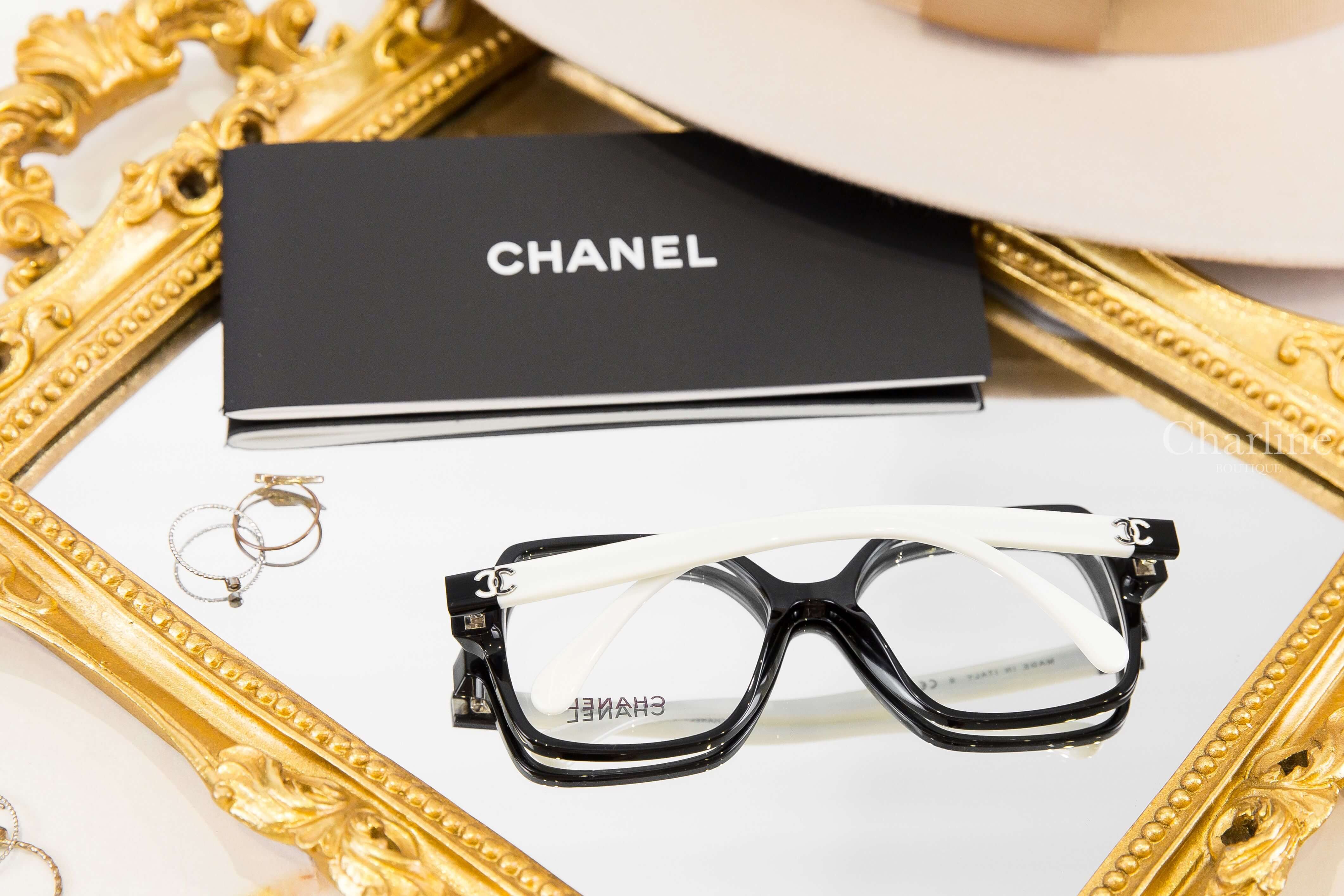 Chanel Square Eyeglasses 黑色方框側邊黑白拼色金色滾邊CC拼色鏡腳平光眼鏡-Charline Boutique 精品代購
