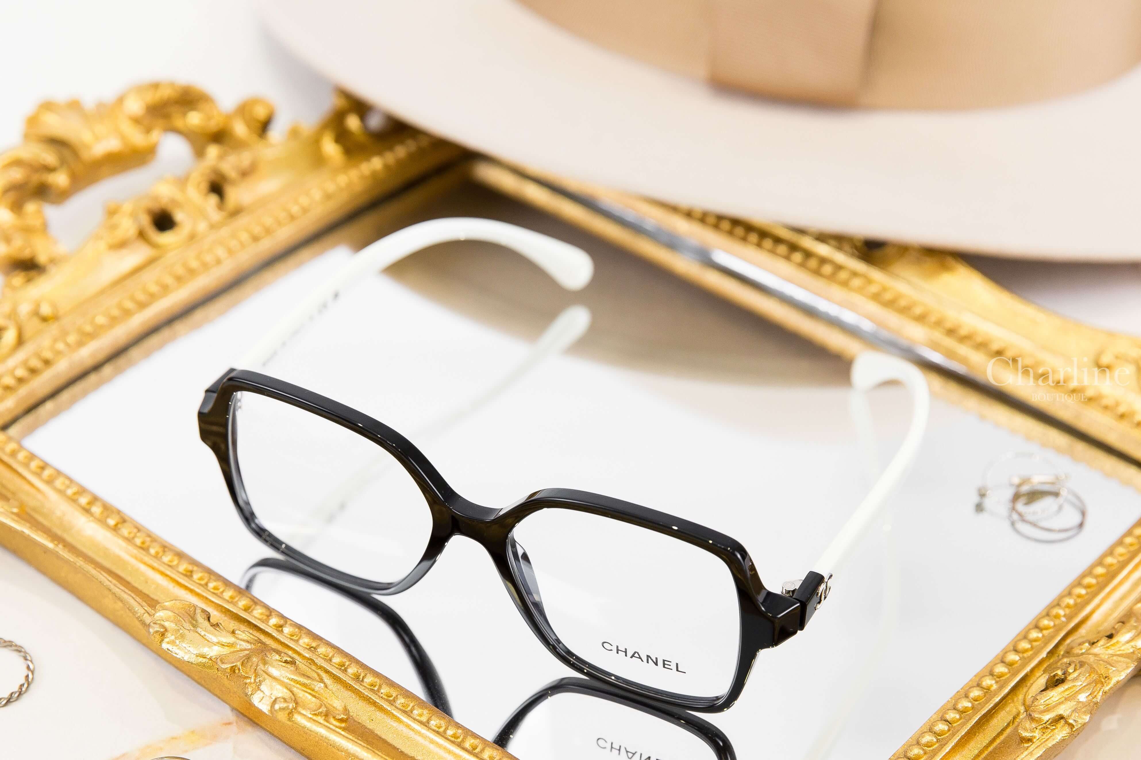 Chanel Square Eyeglasses 黑色方框側邊黑白拼色金色滾邊CC拼色鏡腳平光眼鏡-Charline Boutique 精品代購