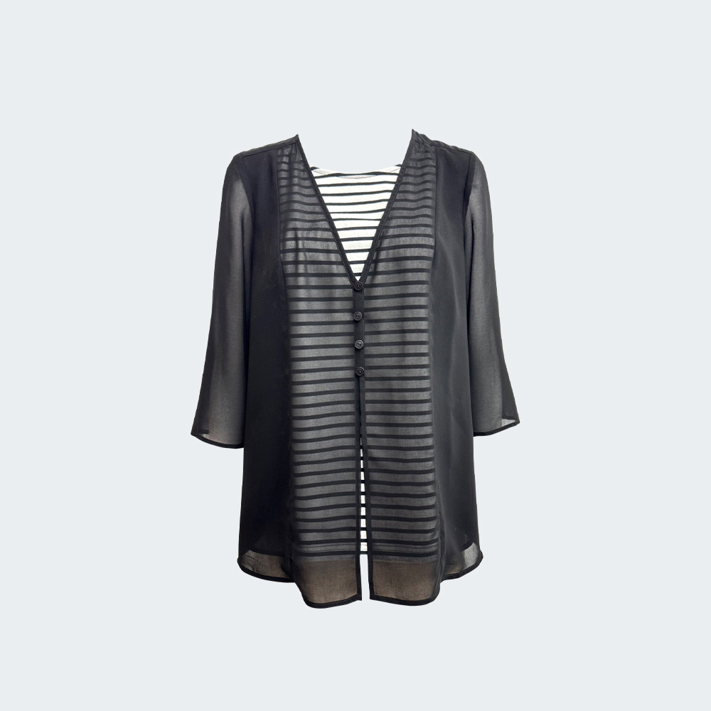 條紋拼接假兩件輕透罩衫上衣