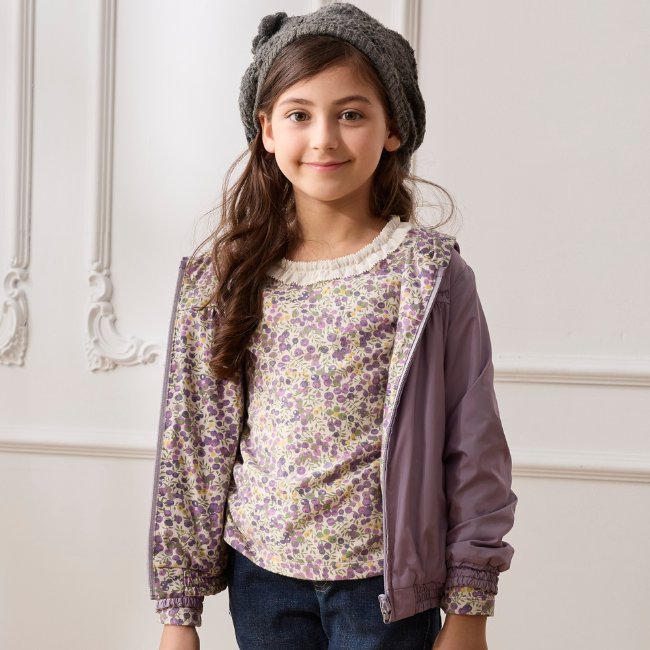 PIPPY荷葉邊碎花圓領長袖上衣 紫