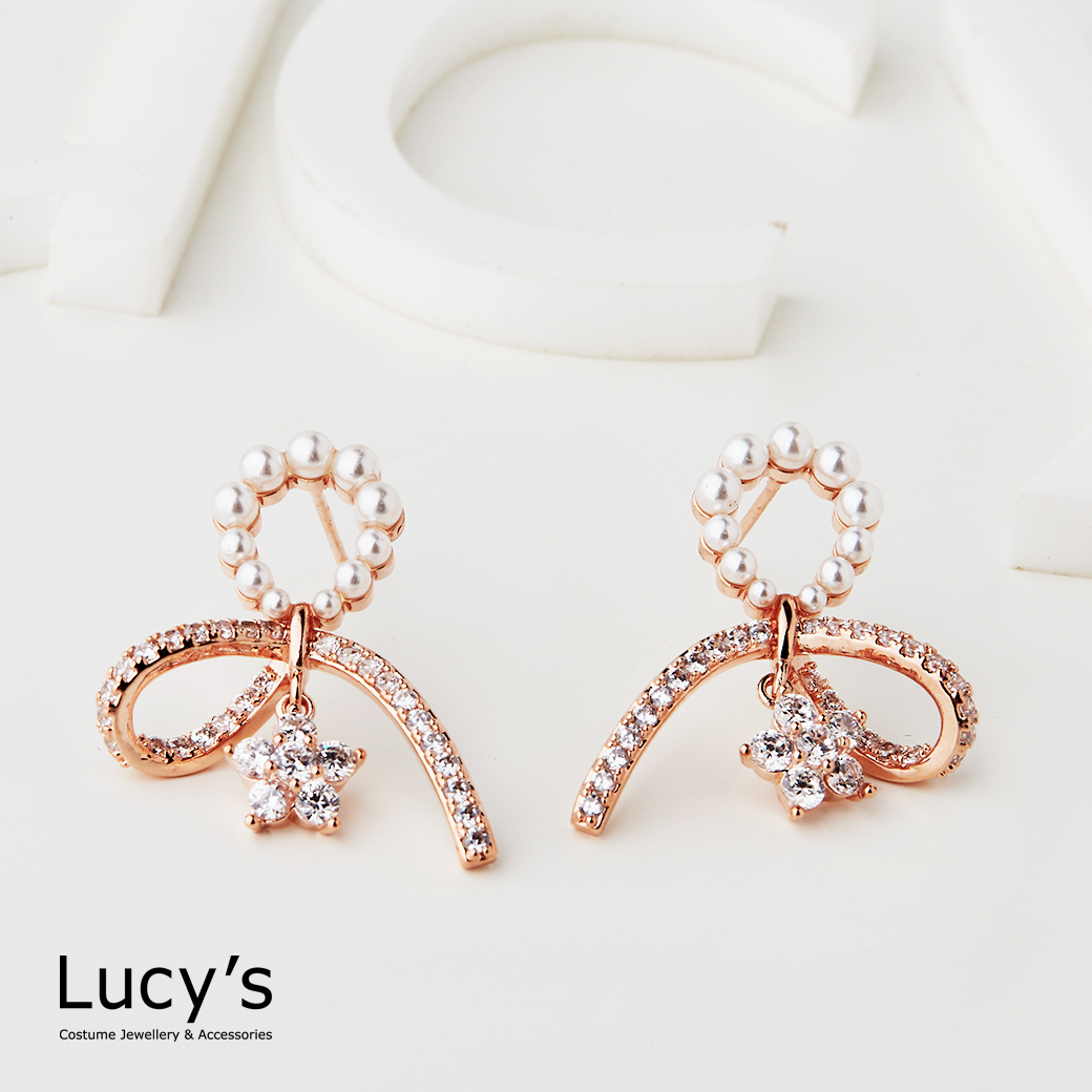 珍珠緞帶掛星 耳環 (二色) (125045/125046)