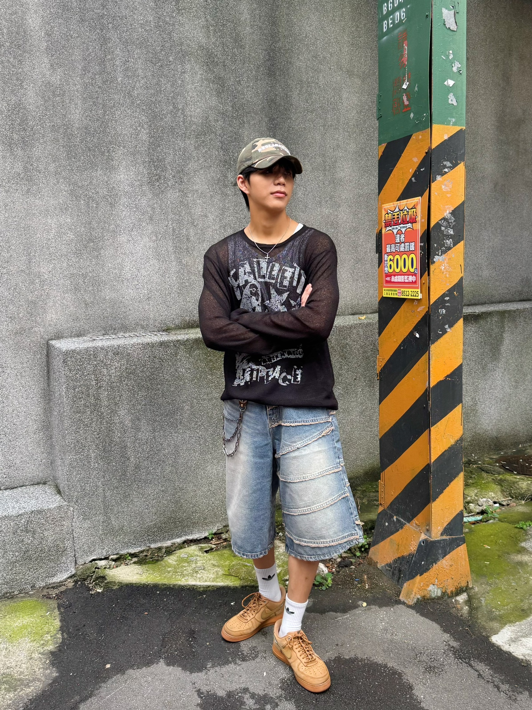 單邊滾圈刷破牛仔七分褲