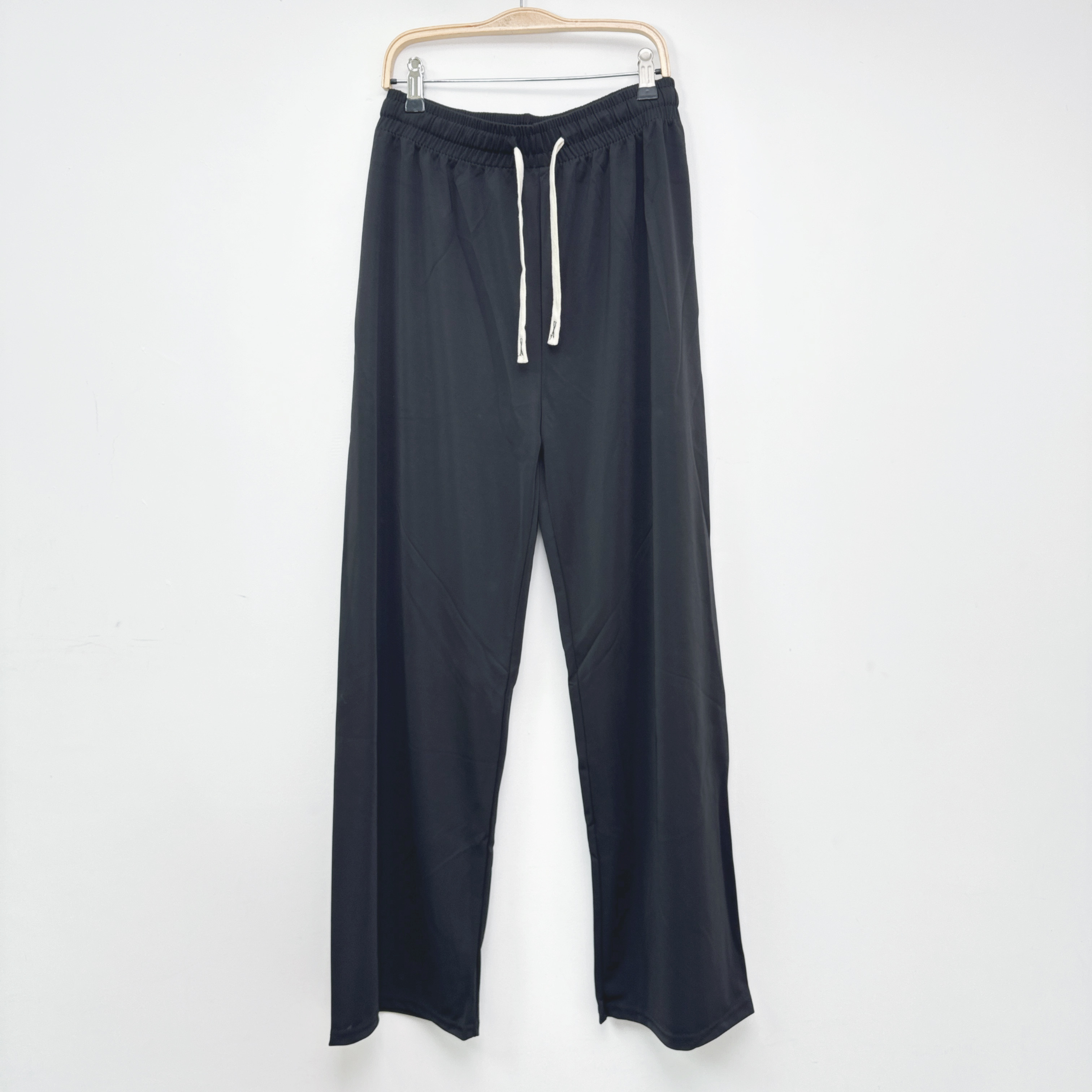 黑色滑滑梭織綁繩長腿褲