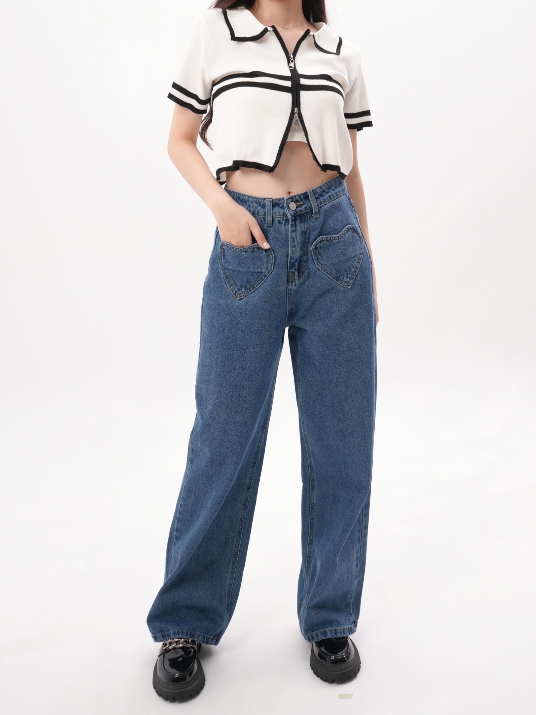 法朵Fado shop｜愛心口袋 ო 直筒牛仔寬褲 2543016 藍S-XL