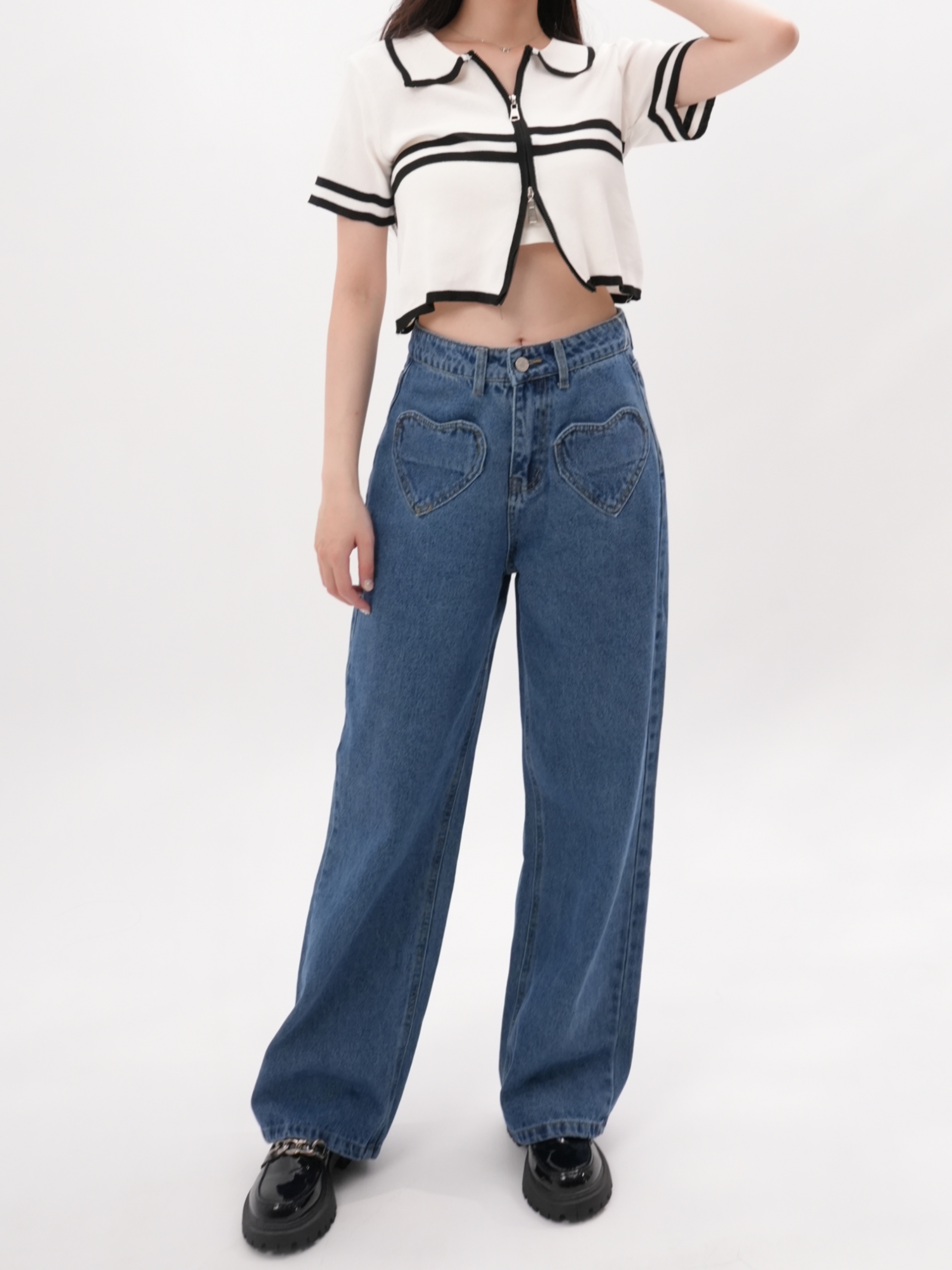 法朵Fado shop｜愛心口袋 ო 直筒牛仔寬褲 2543016 藍S-XL