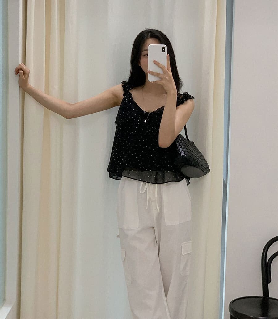 韓國Cherrykoko授權 唯美波點蝴蝶結皺褶肩帶背心