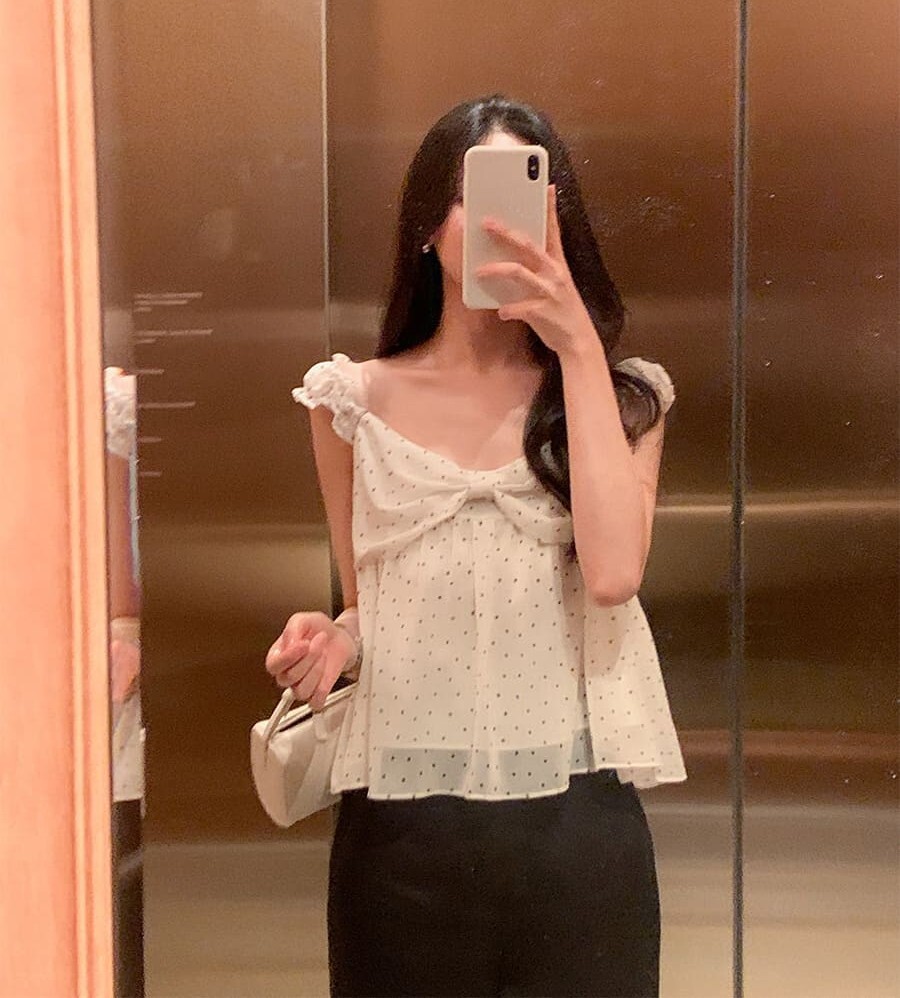 韓國Cherrykoko授權 唯美波點蝴蝶結皺褶肩帶背心