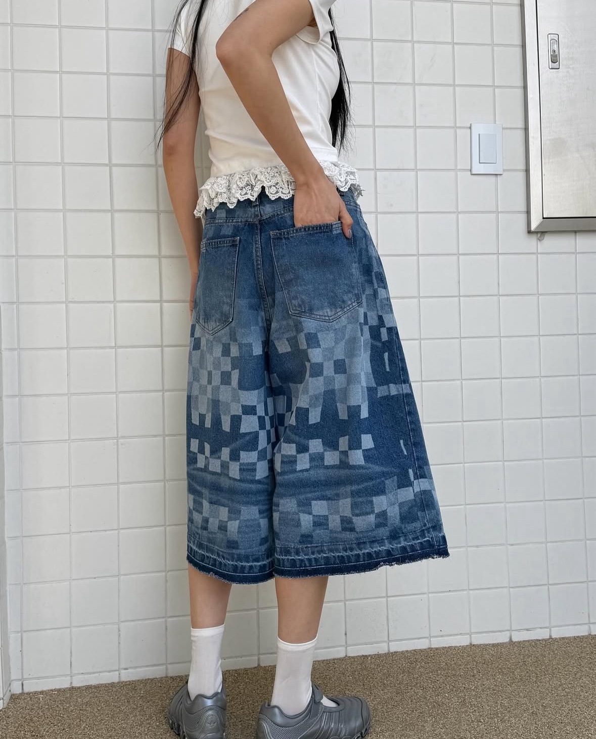 棋盤格不修邊牛仔七分褲