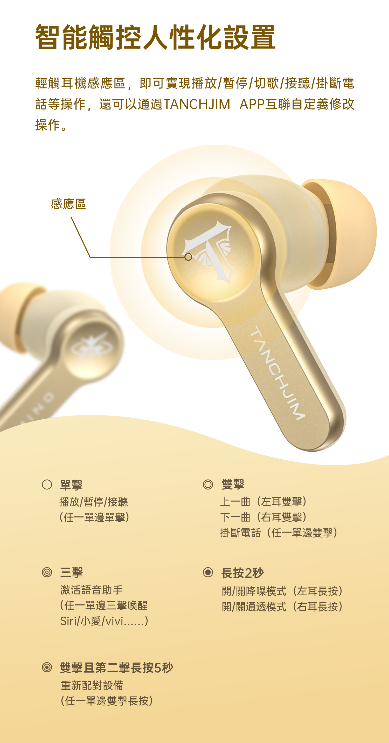 Tanchjim Mino 星芒之羽限定版耳機人性化設計，單擊及雙擊耳機面版有不同設定操作，解放雙手。