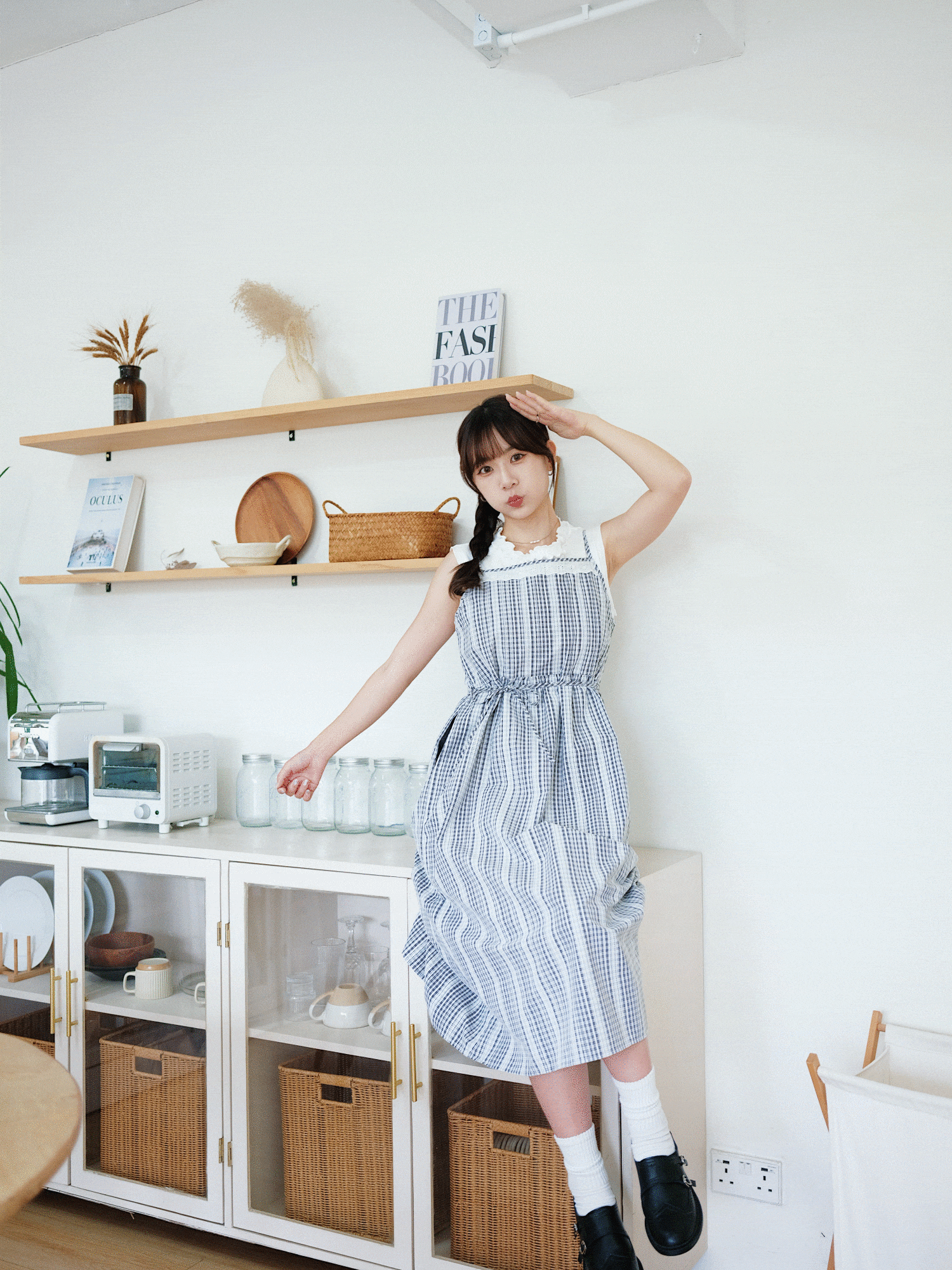 兩色／提花蕾絲格紋連身裙／Jacquard Lace Gingham Dress