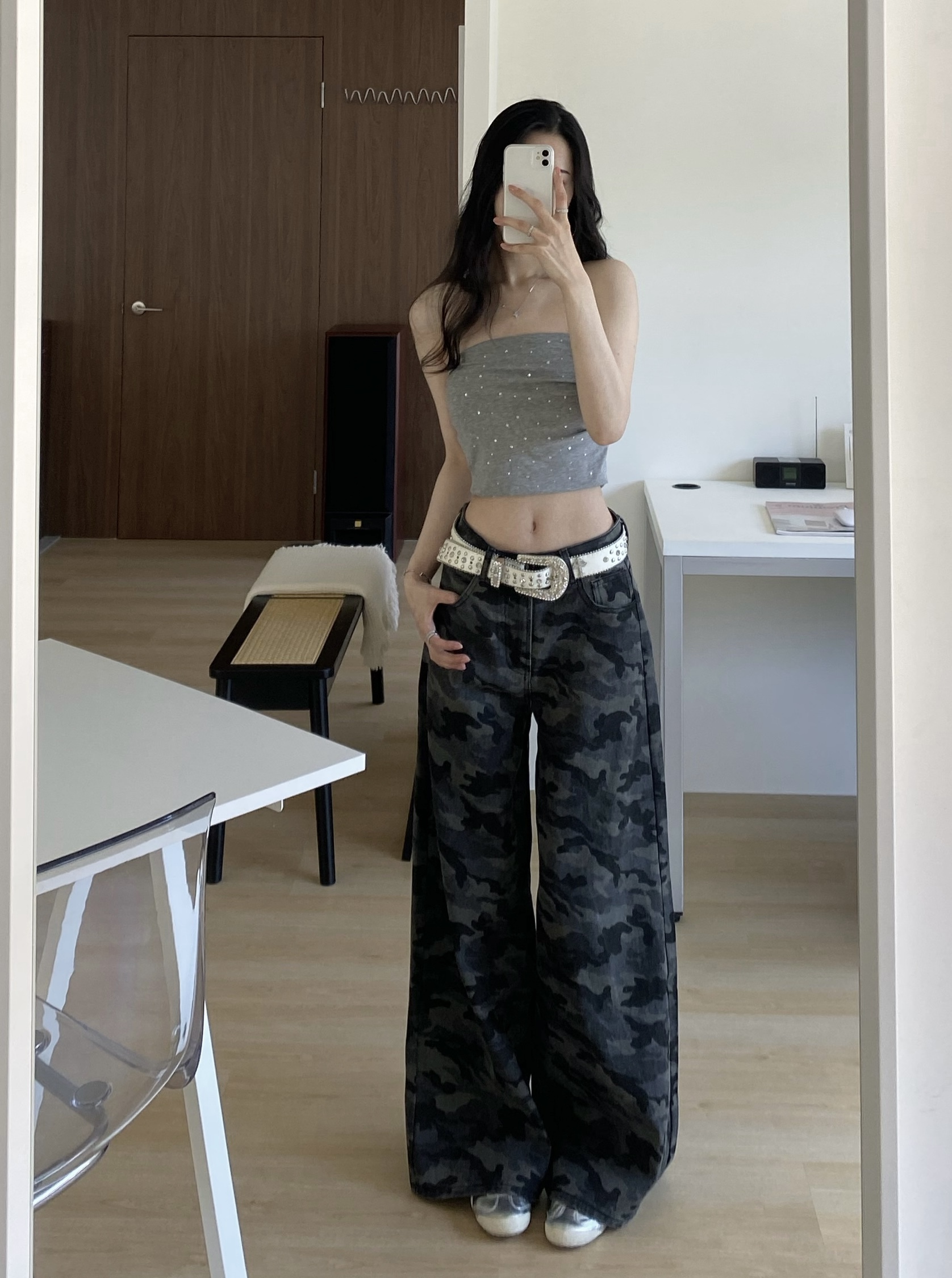 迷彩中低腰牛仔寬褲