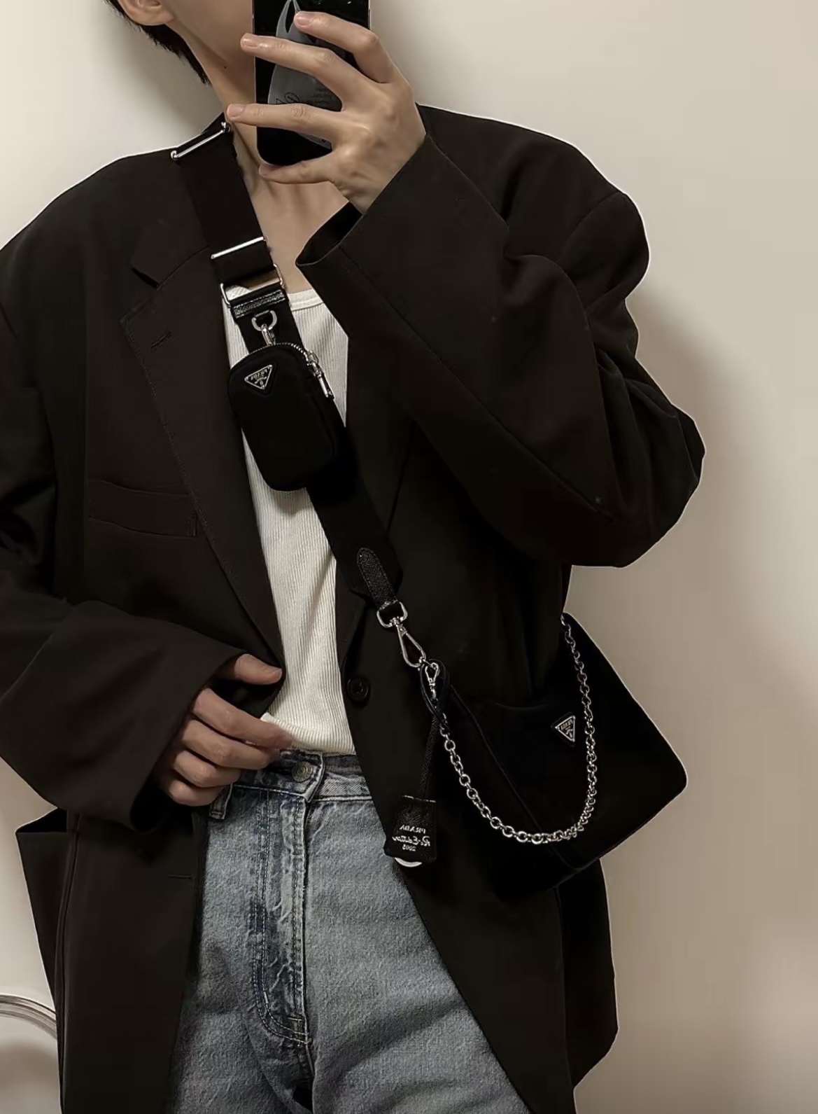 PRADA Re-Edition 2005 搪瓷三角標誌 可拆卸拉鍊 手提單肩袋 女款 黑色