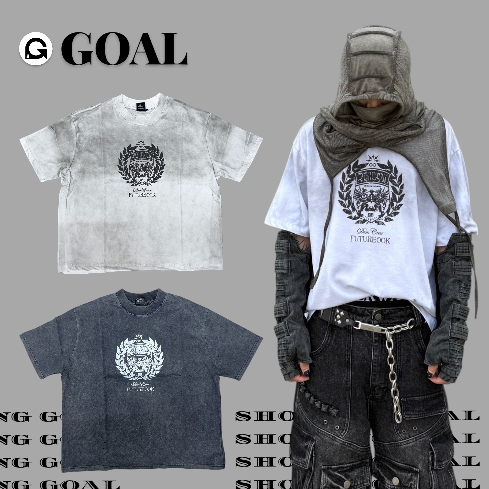 (GOAL) DCM 月桂葉 字母 短寬 做舊 髒髒 水洗 短T