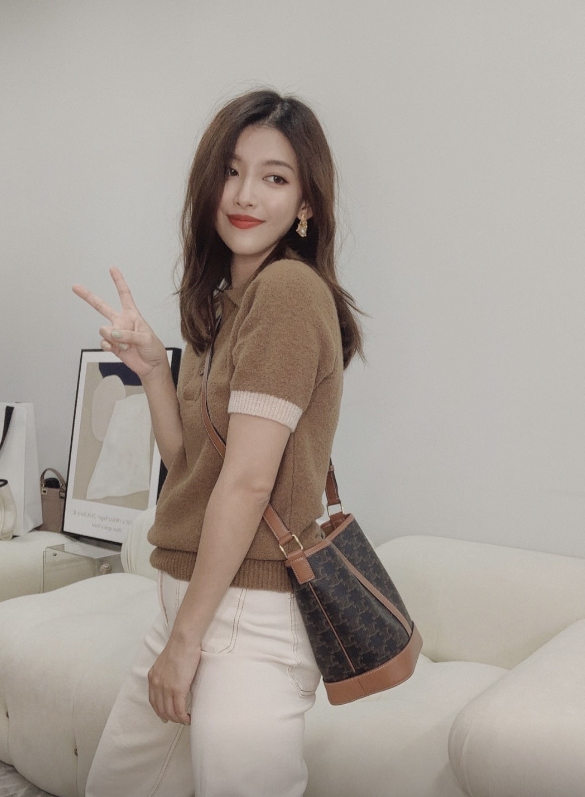 Celine Bucket 標誌印花 小水桶手袋 黃褐色