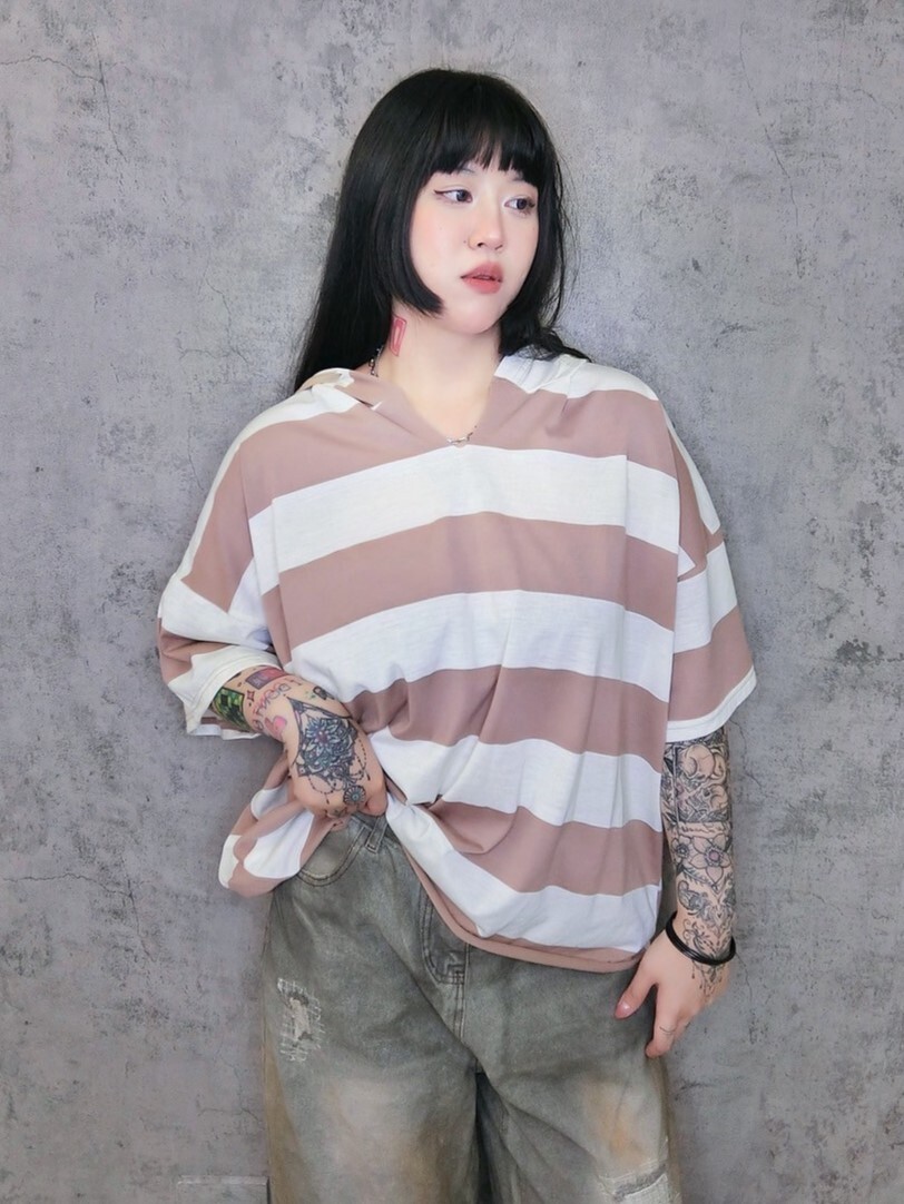 休閒連帽棉質條紋大T