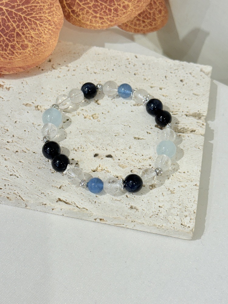 C067- 靜海藍光｜藍虎眼 × 海藍寶 × 水藍寶 × 爆閃白水晶手鍊【預購】