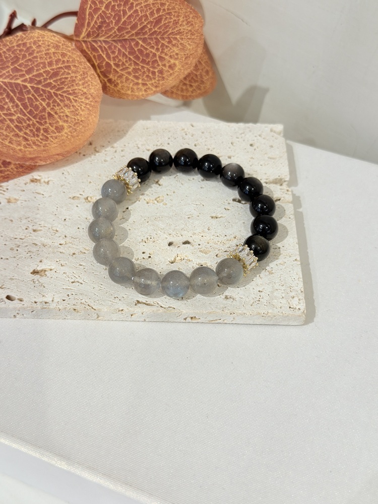 C069-靜夜守護｜銀曜石 × 灰月光水晶手鍊10mm【預購】