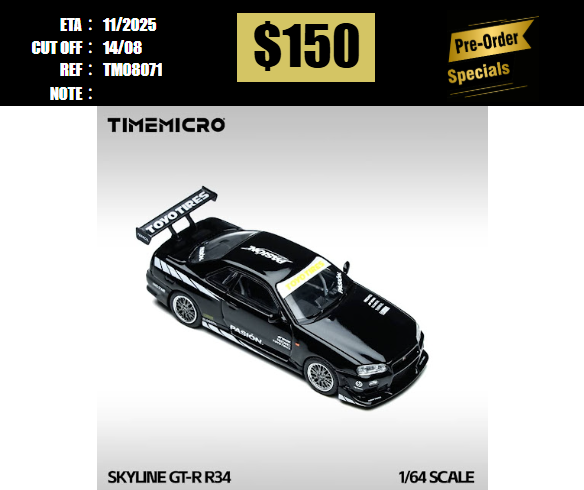 PO-$150 * TIME MICRO * 1:64 NISSAN SKYLINE GT-R R34 C-WEST BLACK PASION [OD07/08]