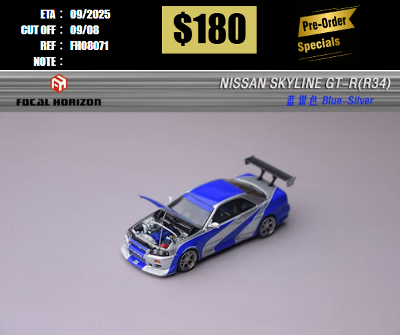 PO-$180 * FH * 1:64 NISSAN SKYLINE GT-R R34 C-WEST NFS SILVER BLUE [OD07/08]
