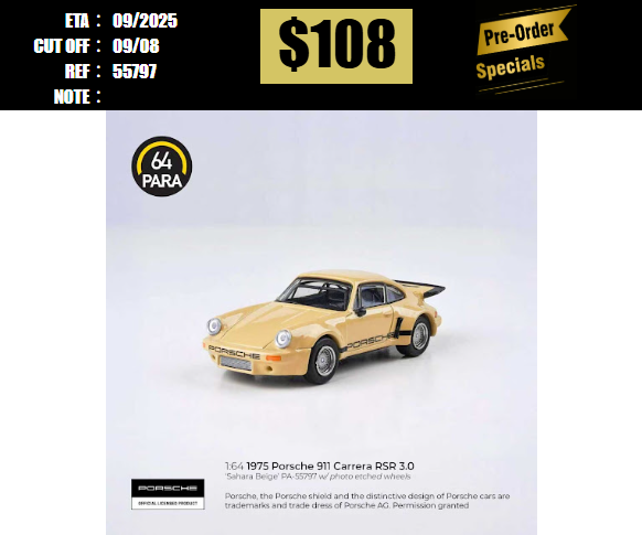 PO-$108 * PARA64 * 1:64 911 CARRERA RSR 3.0 SAHARA BEIGE LHD [OD07/08]