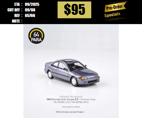 PO-$95 * PARA64 * 1:64 1995 HONDA CIVIC COUPE EJ1 GREY RHD [OD07/08]