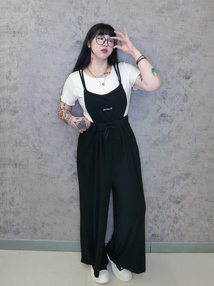 棉質吊帶長褲+木耳邊寬領口短T套裝