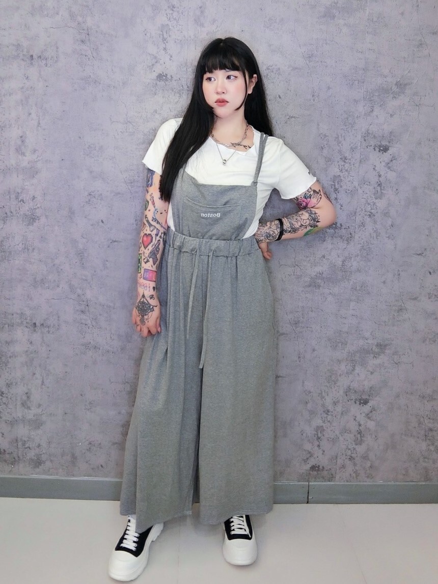 棉質吊帶長褲+木耳邊寬領口短T套裝